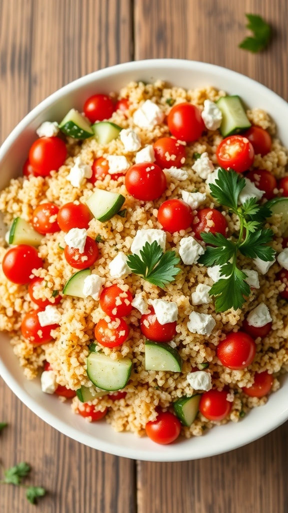 A colorful quinoa salad with cherry tomatoes, cucumber, feta cheese, and parsley in a bowl on a wooden table.
